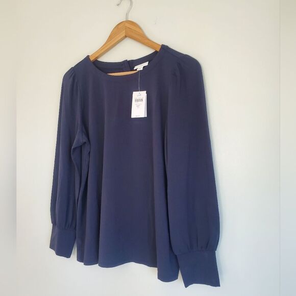 J. Jill Navy Blue Blouse With Long Sleeves And Shell Buttons Size Medium Petite - Picture 7 of 10